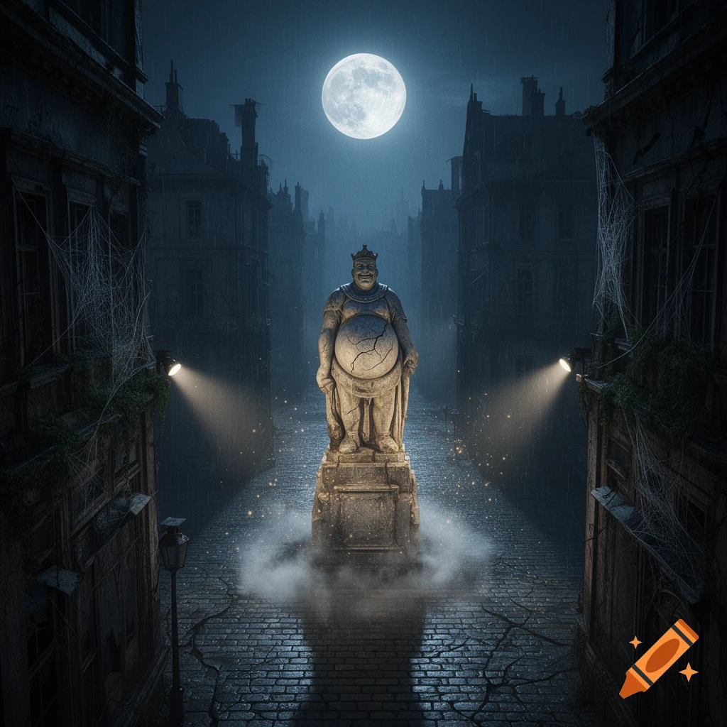 A stone statue of a king with a large, cracked belly stands in a dark, abandoned city street under a full moon, lit by spotlights.