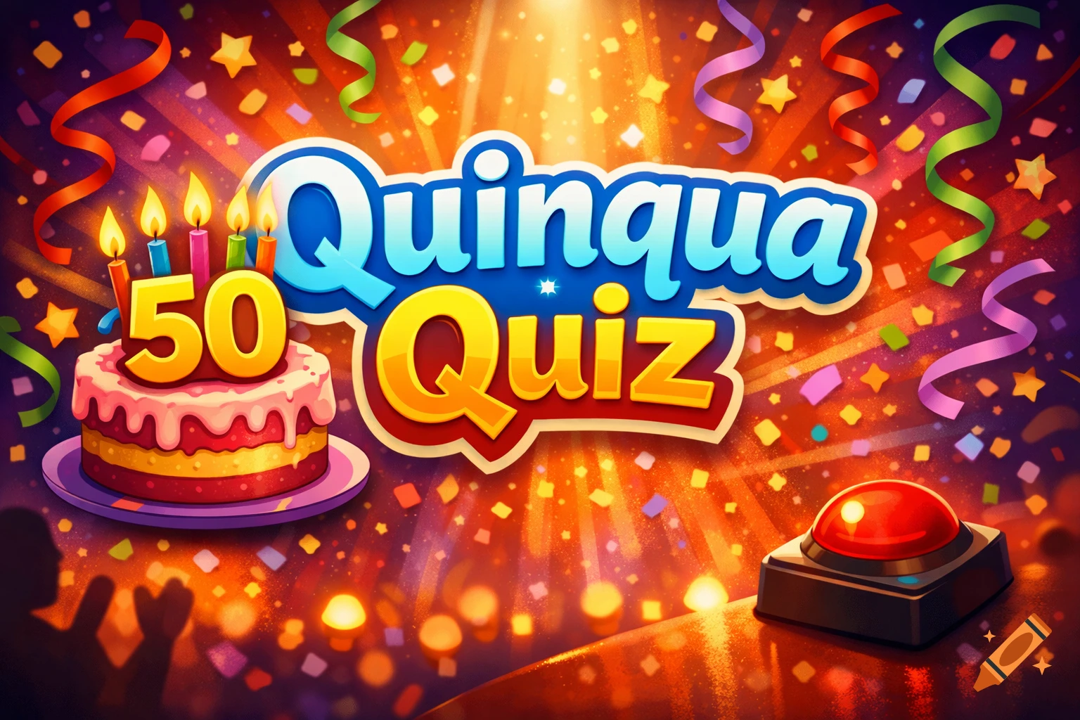Vibrant 'Quinqua Quiz' illustration with a birthday cake displaying '50', a red buzzer, confetti, and colorful ribbons.