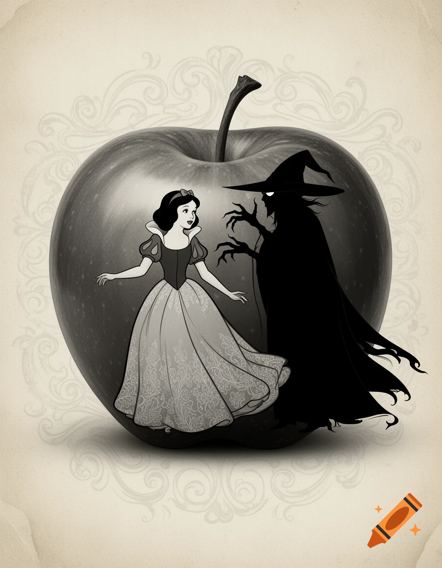 Black and white drawing of Snow White and the Wicked Witch standing in front of a large apple, vintage illustration style.