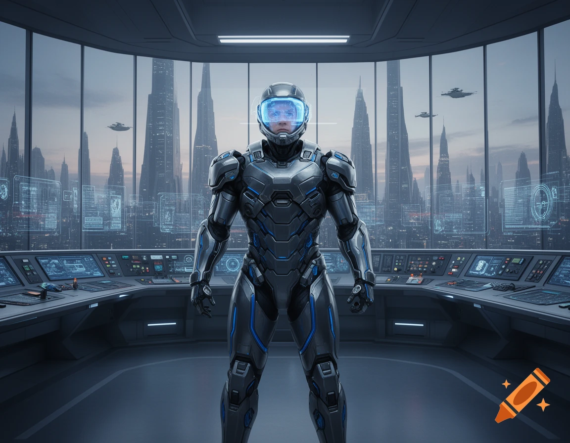 A person in futuristic armor stands in a high-tech control room overlooking a city with tall spires under a cloudy sky.
