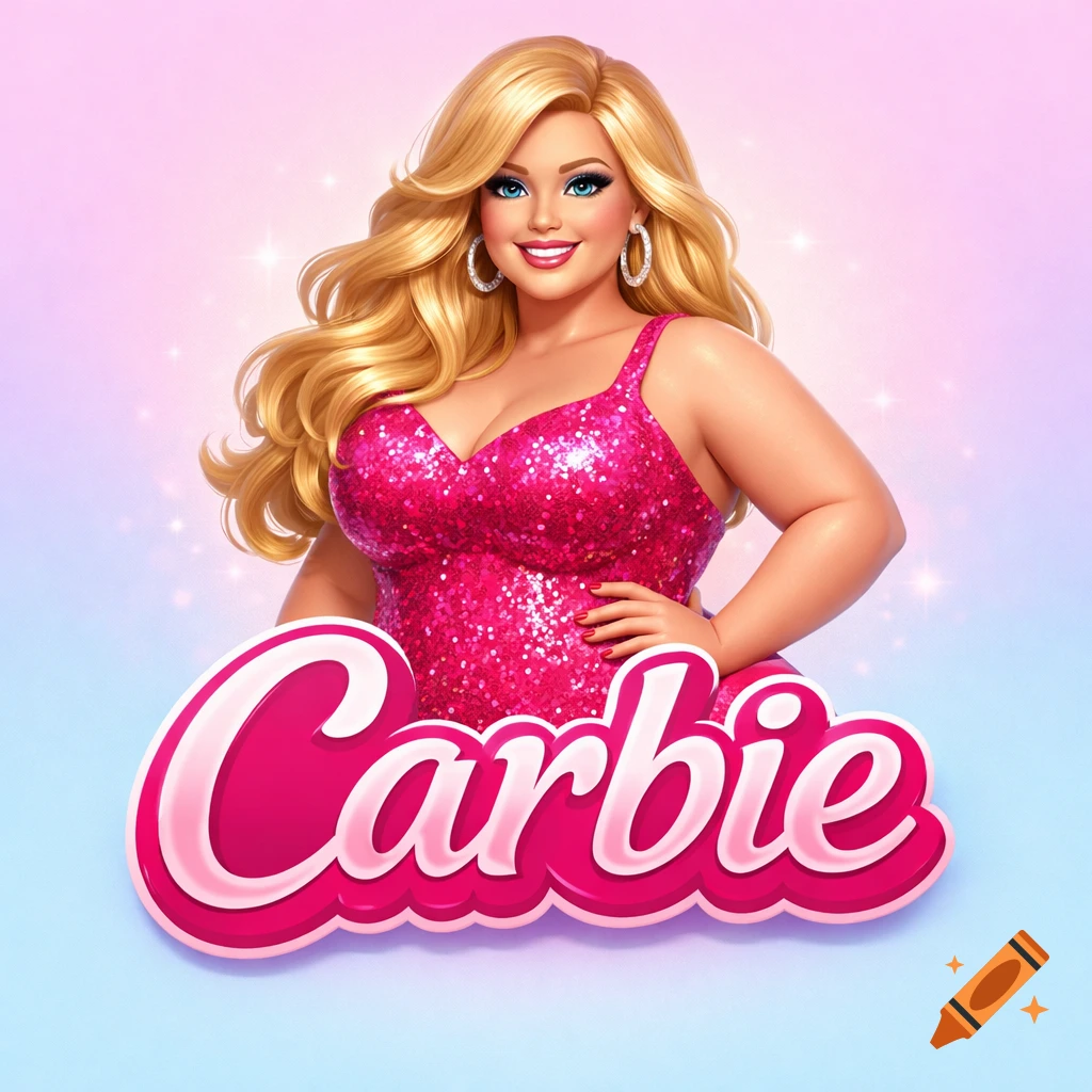 Cartoon illustration of a smiling, plus-sized woman with long blonde hair and blue eyes, wearing a sparkly pink dress, with a 'Carbie' logo.