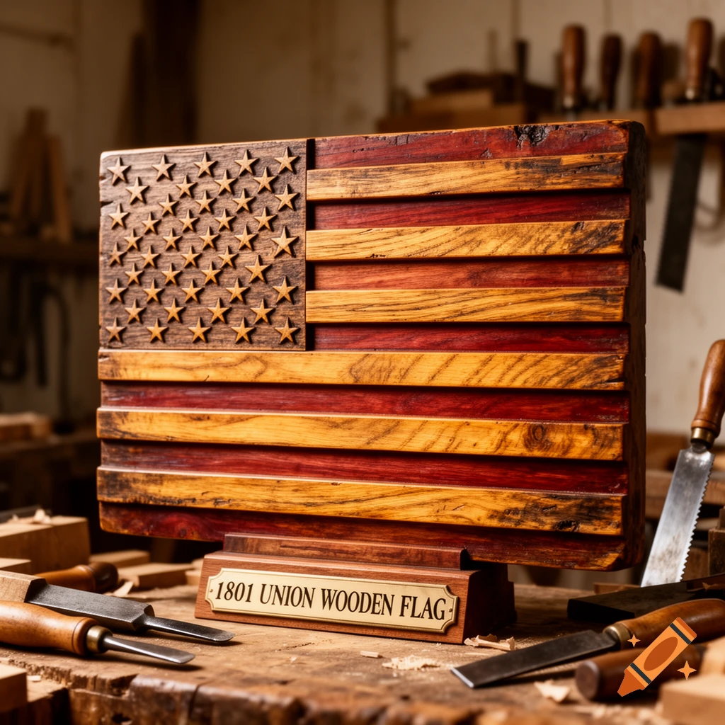 A rustic wooden American flag stands on a workbench with carving tools, featuring a plaque that reads "1801 UNION WOODEN FLAG".