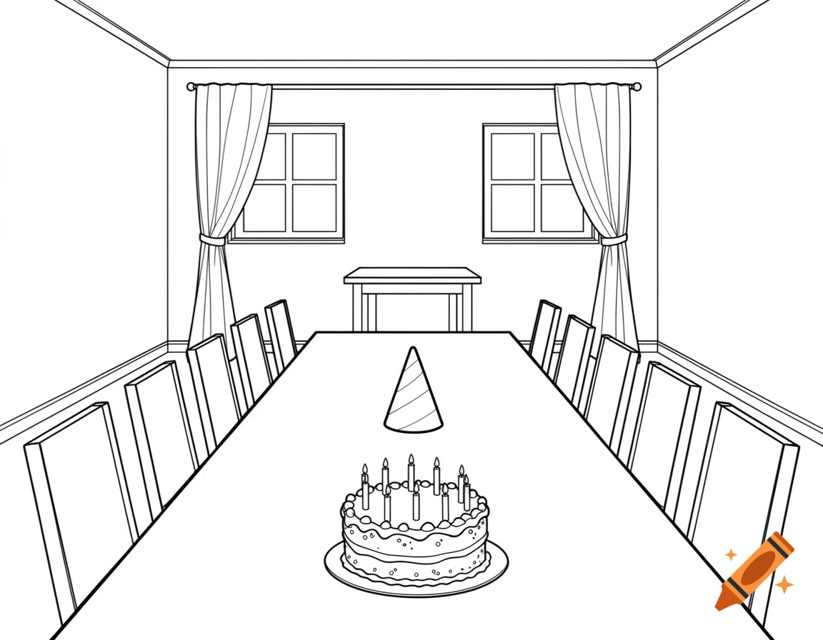 Black and white line drawing of a dining room with a long table, chairs, a birthday cake, and a party hat, in a coloring book style.