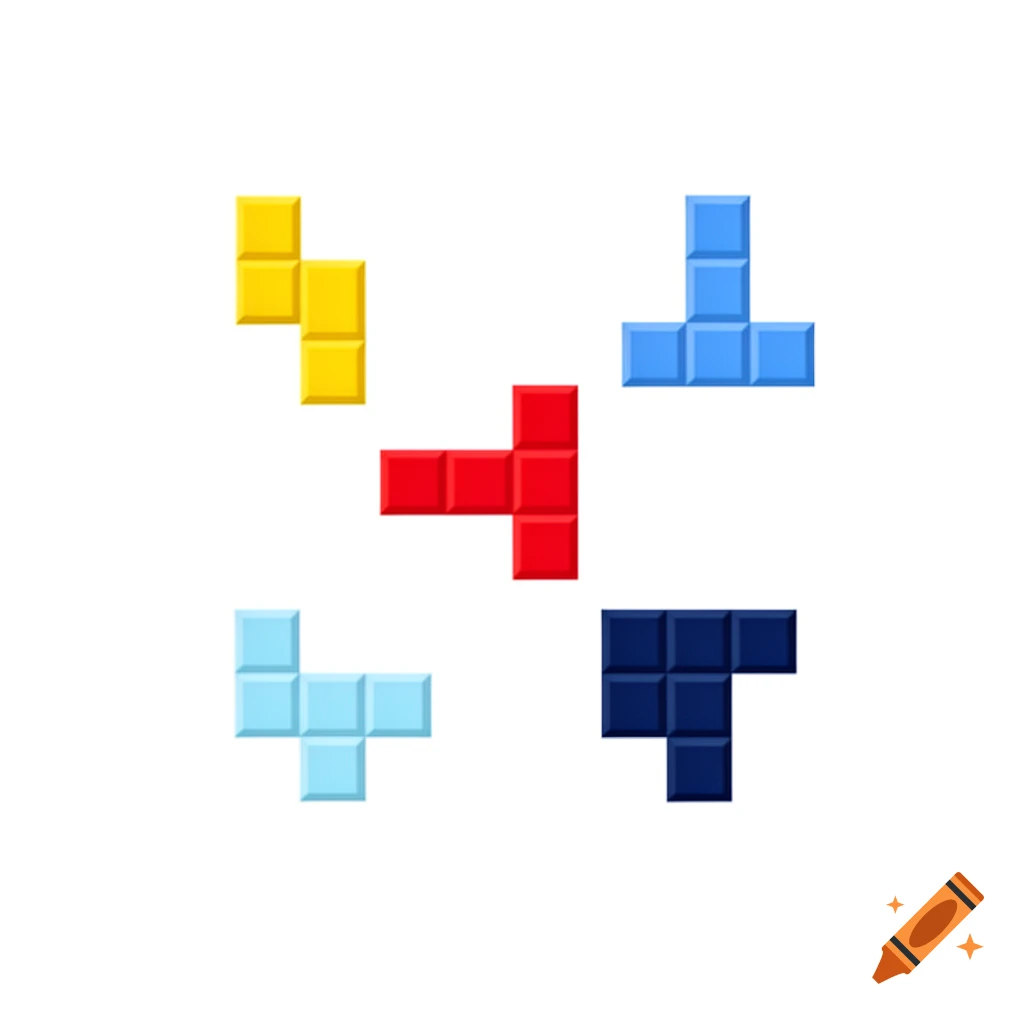 Colorful Tetris-like blocks in yellow, red, light blue, and dark blue on a white background.