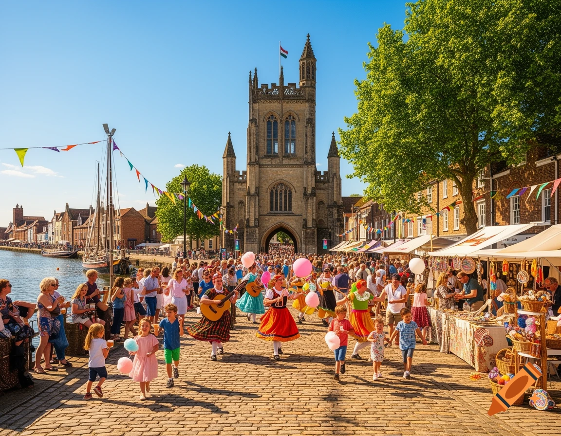 A bustling summer festival in a historic town. A large church, market stalls, and crowds of people fill a cobblestone street by a canal.