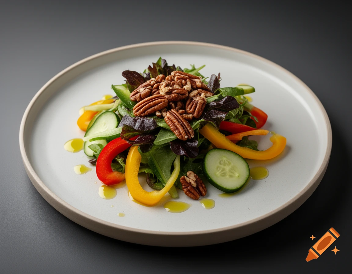 Fresh salad with mixed greens, cucumber, red and yellow bell peppers, pecans, and olive oil on a white plate.