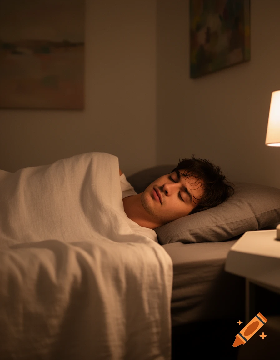 Photorealistic image of a young man sleeping peacefully in a dimly lit bedroom at night.