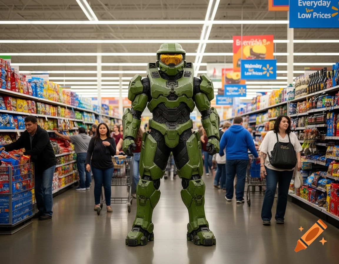 Master Chief in full green armor stands in the middle of a brightly lit Walmart aisle, with shoppers and shelves full of products surrounding him.