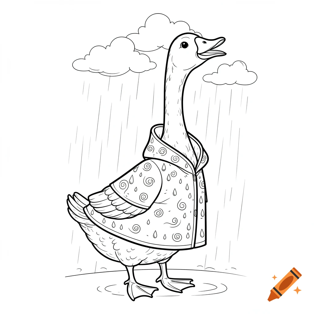 A black and white line art coloring page of a goose wearing a raincoat with its hood up, standing in the rain under clouds.