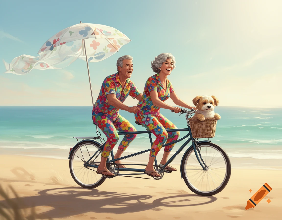An elderly couple in bright floral outfits ride a tandem bicycle on a sunny beach with a small dog in a front basket. A large white parasol is attached to the bike, and the ocean is in the background.