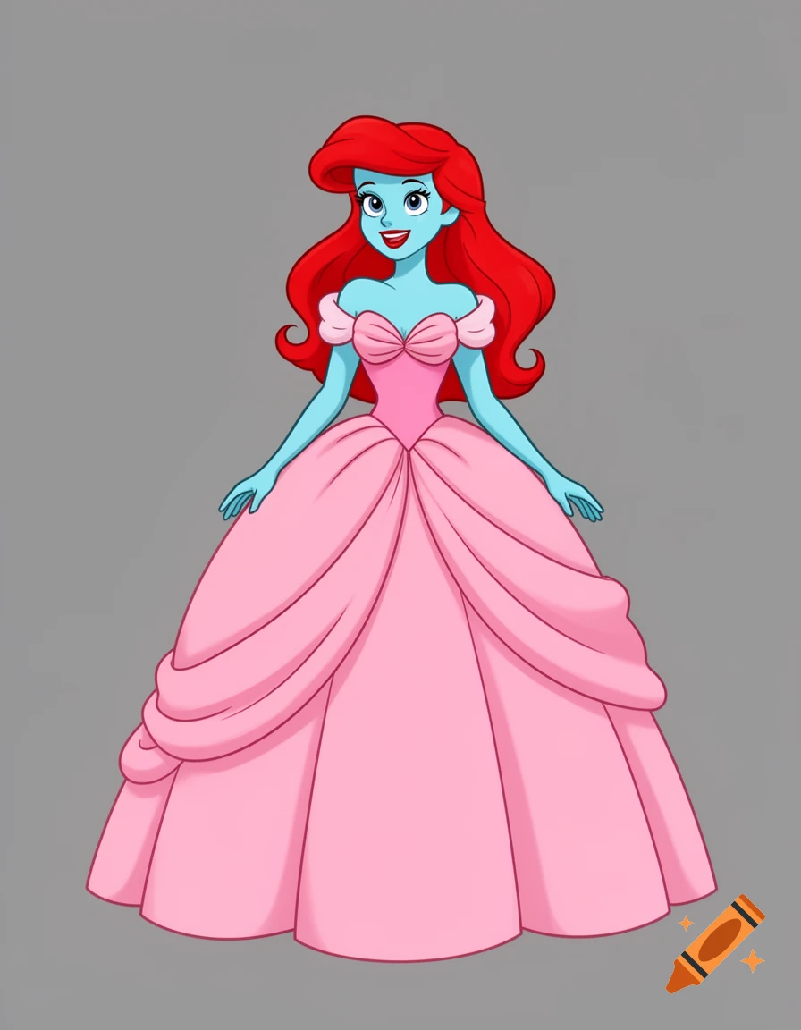 Cartoon character with blue skin, red hair, and a pink ballgown stands against a plain gray background.