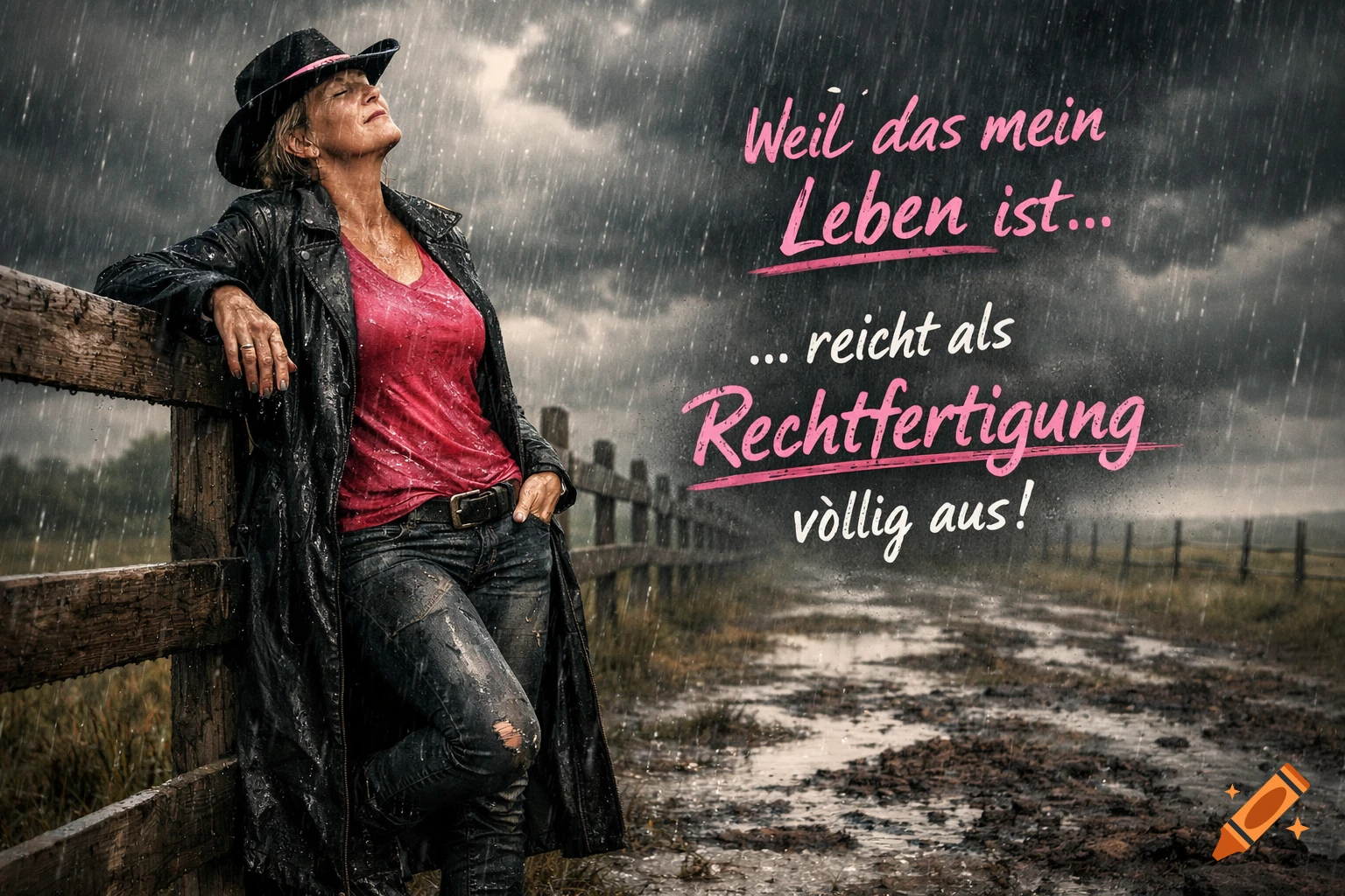 A woman in a cowboy hat and long black coat stands in the pouring rain, leaning on a fence. She looks up with closed eyes, drops on her face. Photorealistic.