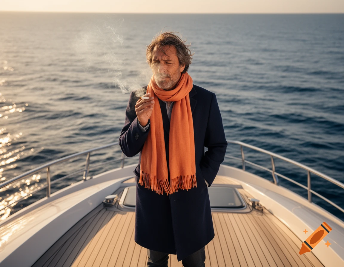 A man in a dark coat and apricot scarf smokes a cigarette while standing on the deck of a yacht at sea.