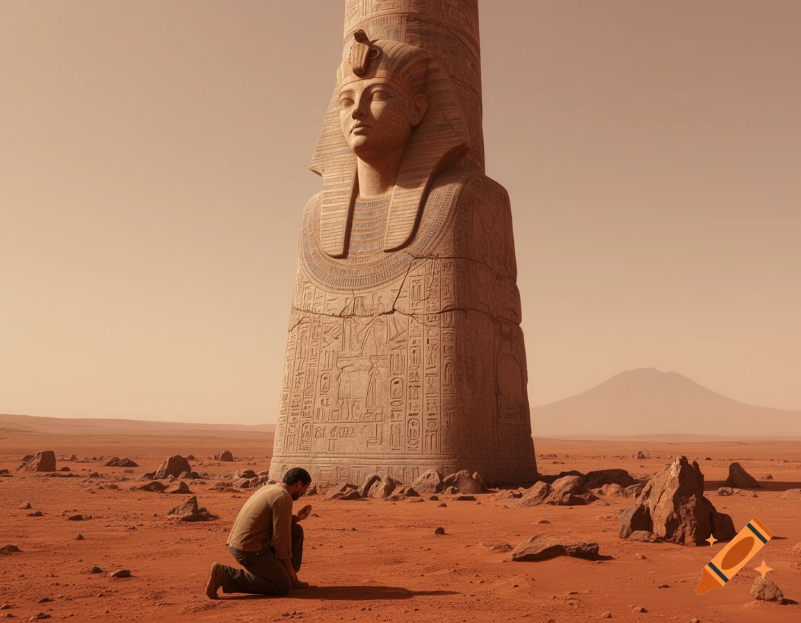 A man kneels before a colossal ancient Egyptian-inspired statue on a desolate, red Martian landscape.