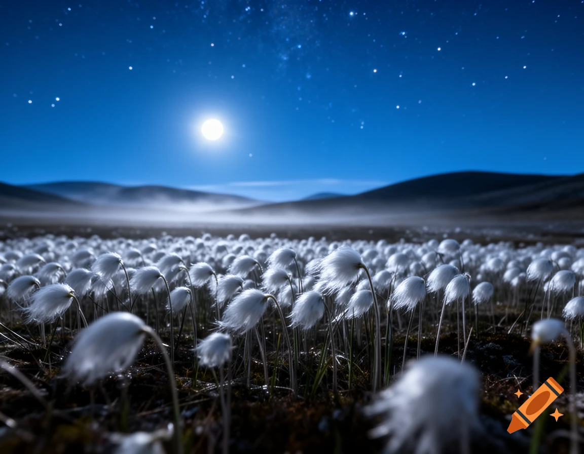Photorealistic field of white arctic cotton grass under a bright full moon and starry night sky with misty mountains.