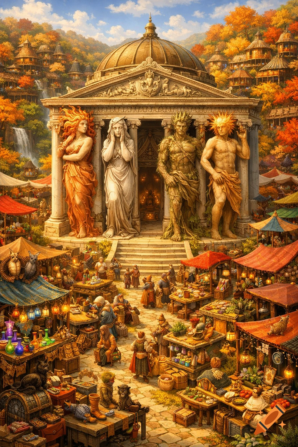 A vibrant fantasy marketplace in autumn, bustling with people around a grand temple featuring four large statues. Treehouses and waterfalls are in the background.