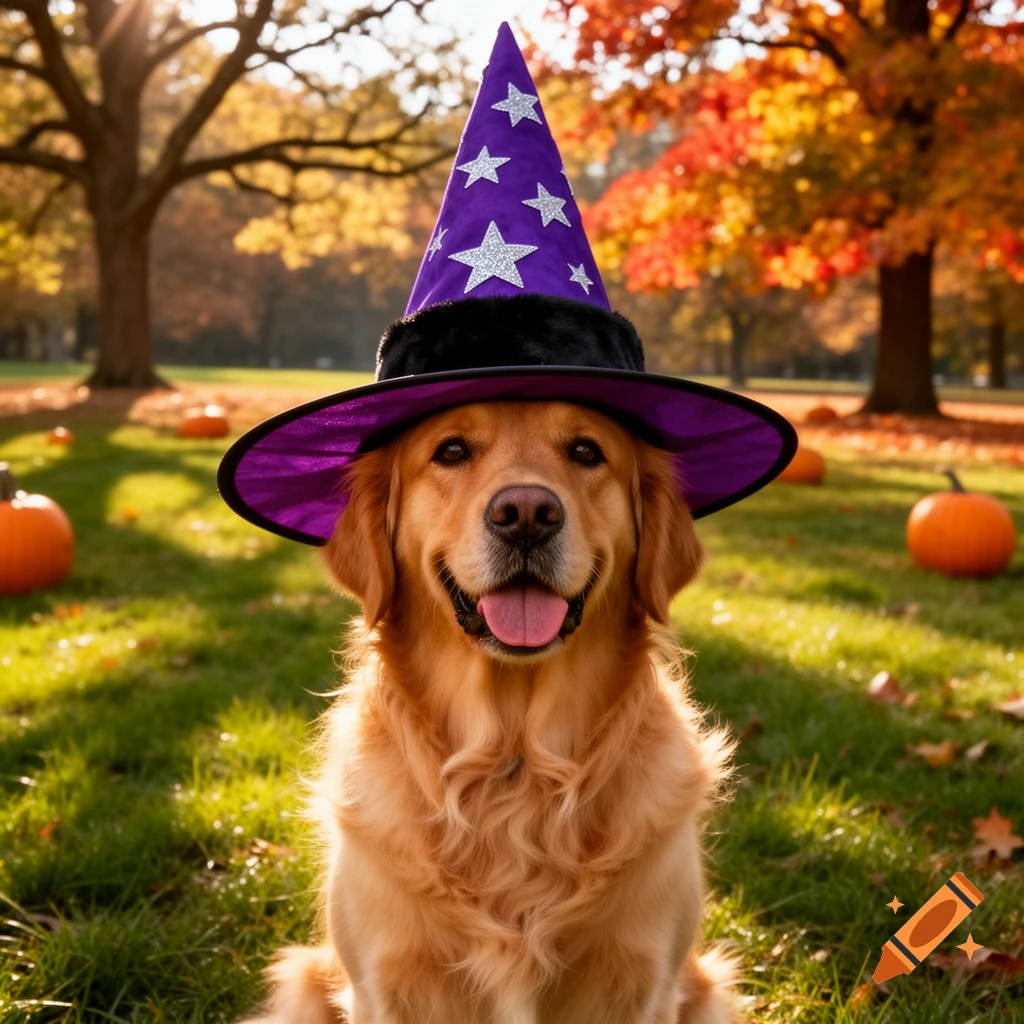 A photorealistic Golden Retriever smiles while wearing a purple witch hat, sitting in a sunny autumn park with pumpkins.