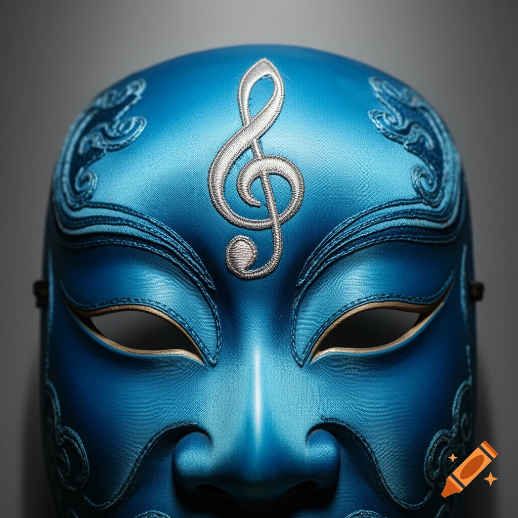 A detailed blue silk mask with a silver treble clef on the forehead, against a steel-colored background.