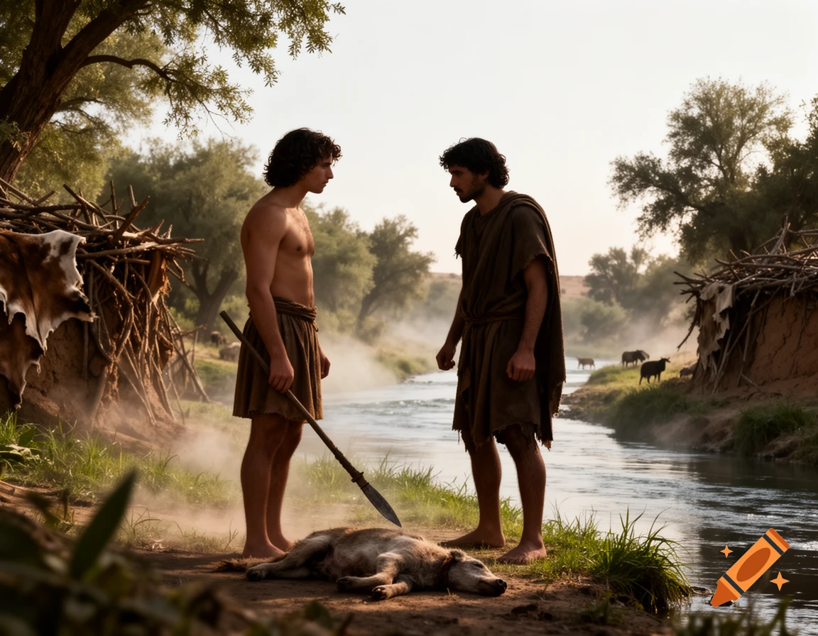Photorealistic depiction of two men, one with a spear beside a dead animal, standing by a river in a misty ancient landscape with huts.