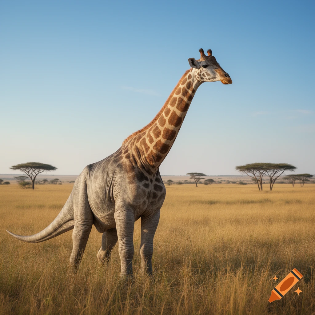 A photorealistic giraffe-dinosaur hybrid creature with a long neck and tail stands in a golden savanna under a clear blue sky.