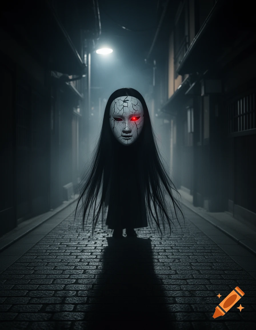 A ghostly figure in a cracked white mask with glowing red eyes stands in a dark, foggy alley at night.