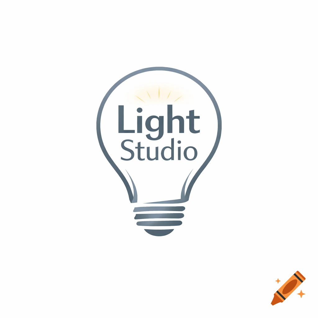 A modern logo featuring a light bulb outline with the words "Light Studio" inside, accompanied by small light rays.