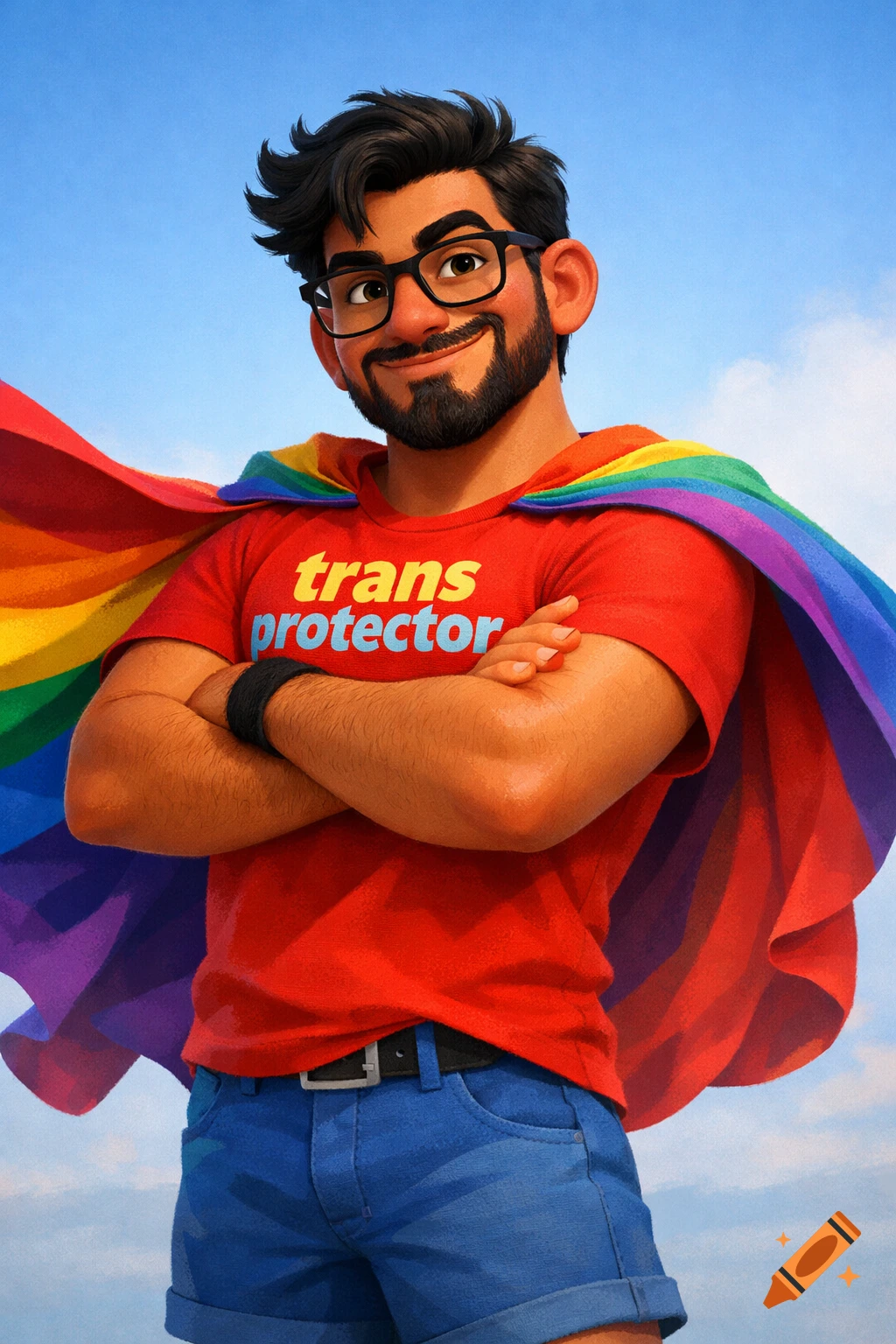 A smiling cartoon man with glasses, a beard, a red 'trans protector' shirt, blue shorts, and a rainbow cape, in Pixar animation style.