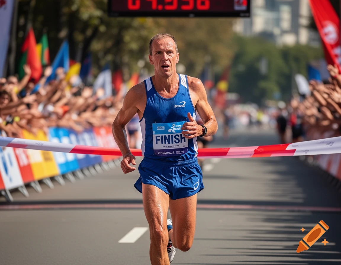 A male marathon runner in a blue singlet and shorts crosses the finish line, with a crowd and a digital timer in the background.