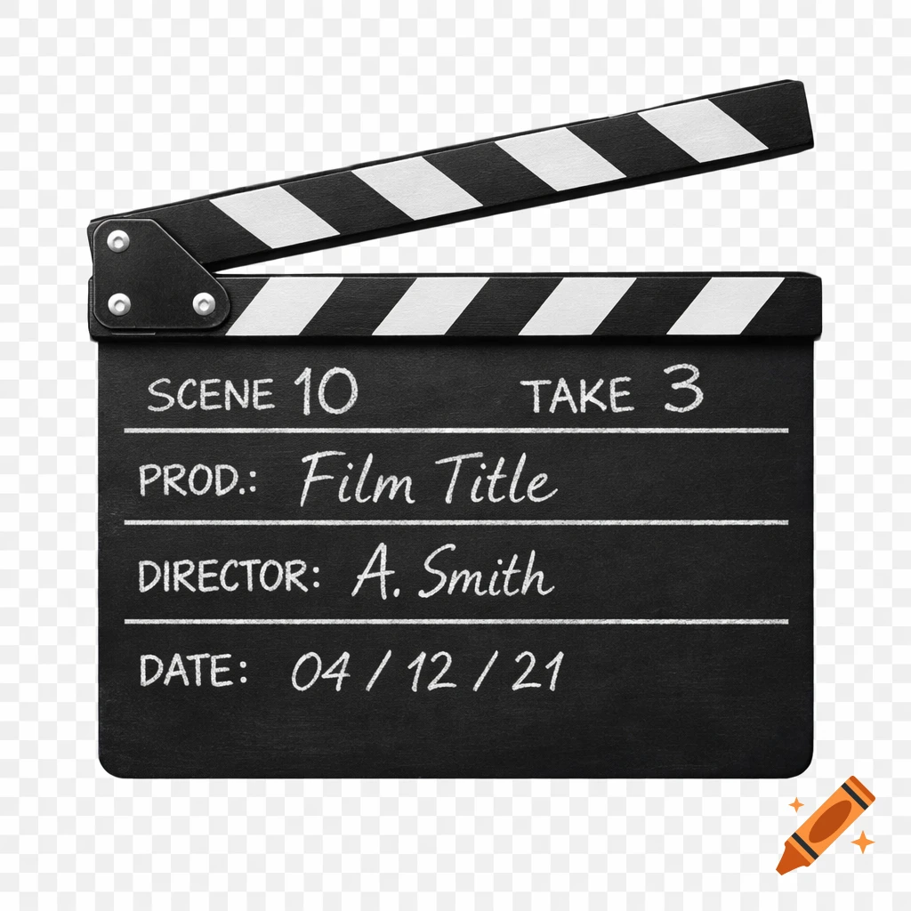 Photorealistic image of a black clapperboard with white stripes and film details, set against a transparent background.