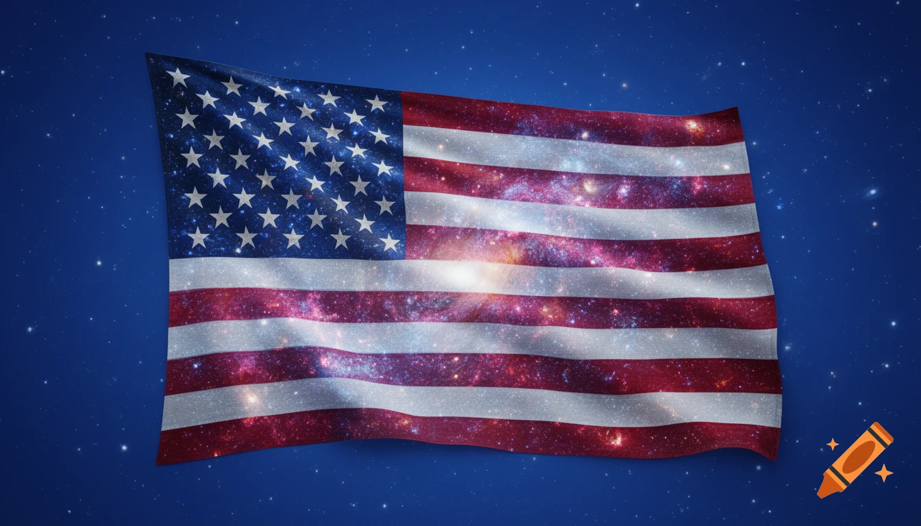 Waving American flag filled with a galaxy pattern against a starry blue background.