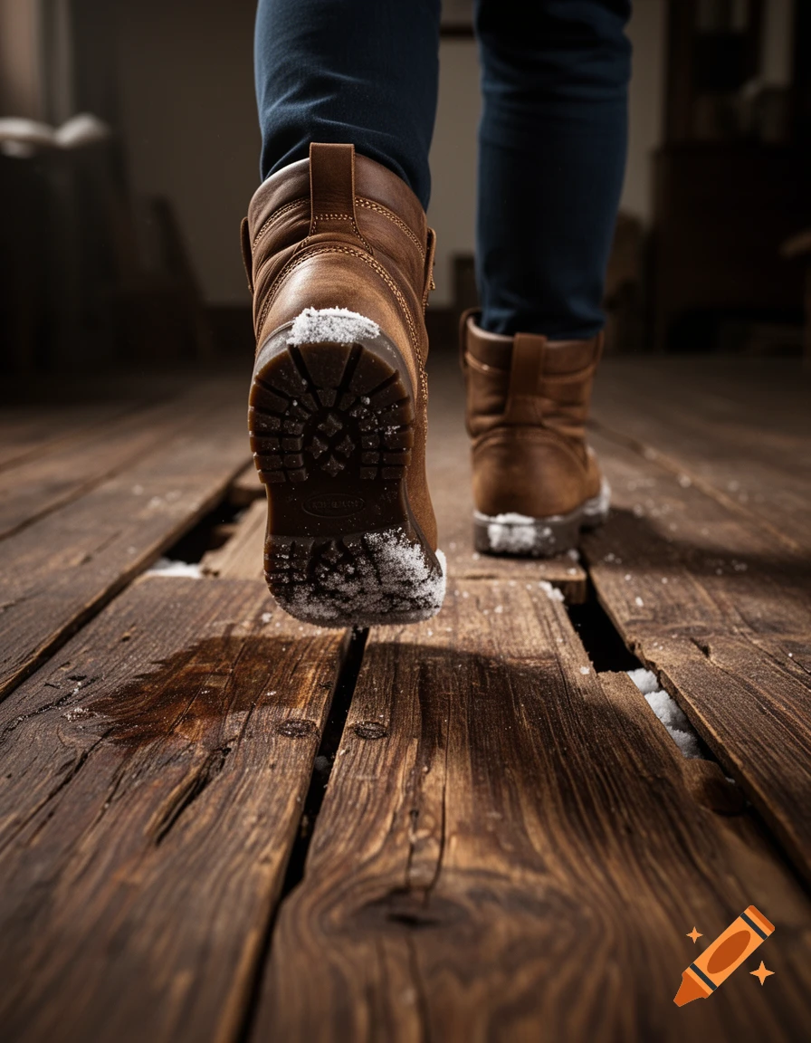 Close-up of brown winter boots with snowy soles walking on rustic wooden floorboards, leaving melted snow.