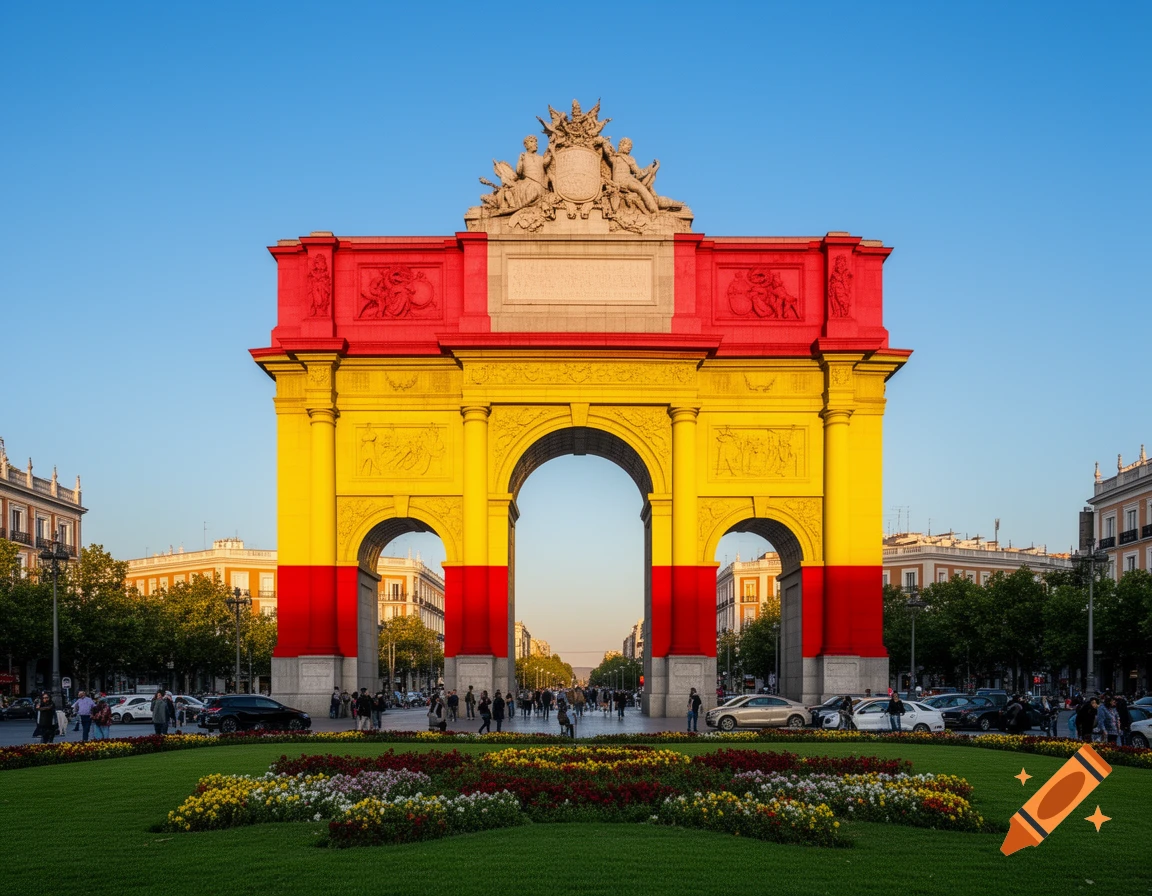 The Puerta de Alcalá monument in Madrid, colored with the red and yellow Spanish flag, against a blue sky, with people and cars.