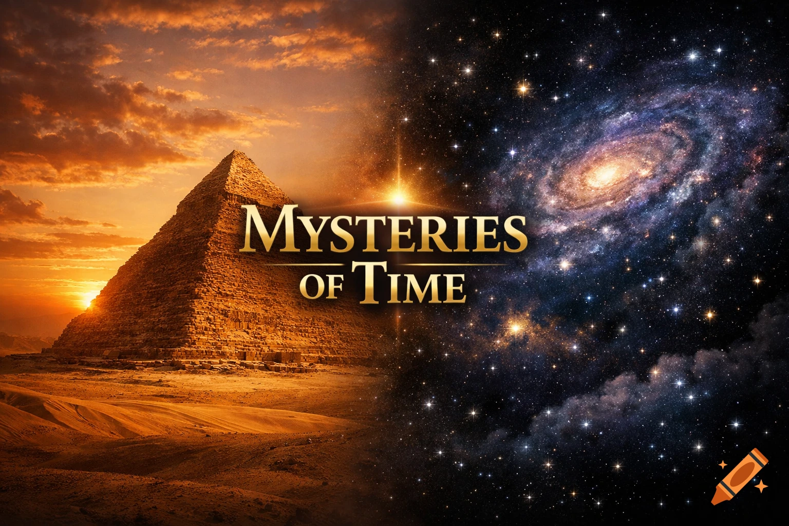 A split image featuring the Great Pyramid of Giza at sunset on the left and a cosmic galaxy on the right, with "Mysteries of Time" in gold text.