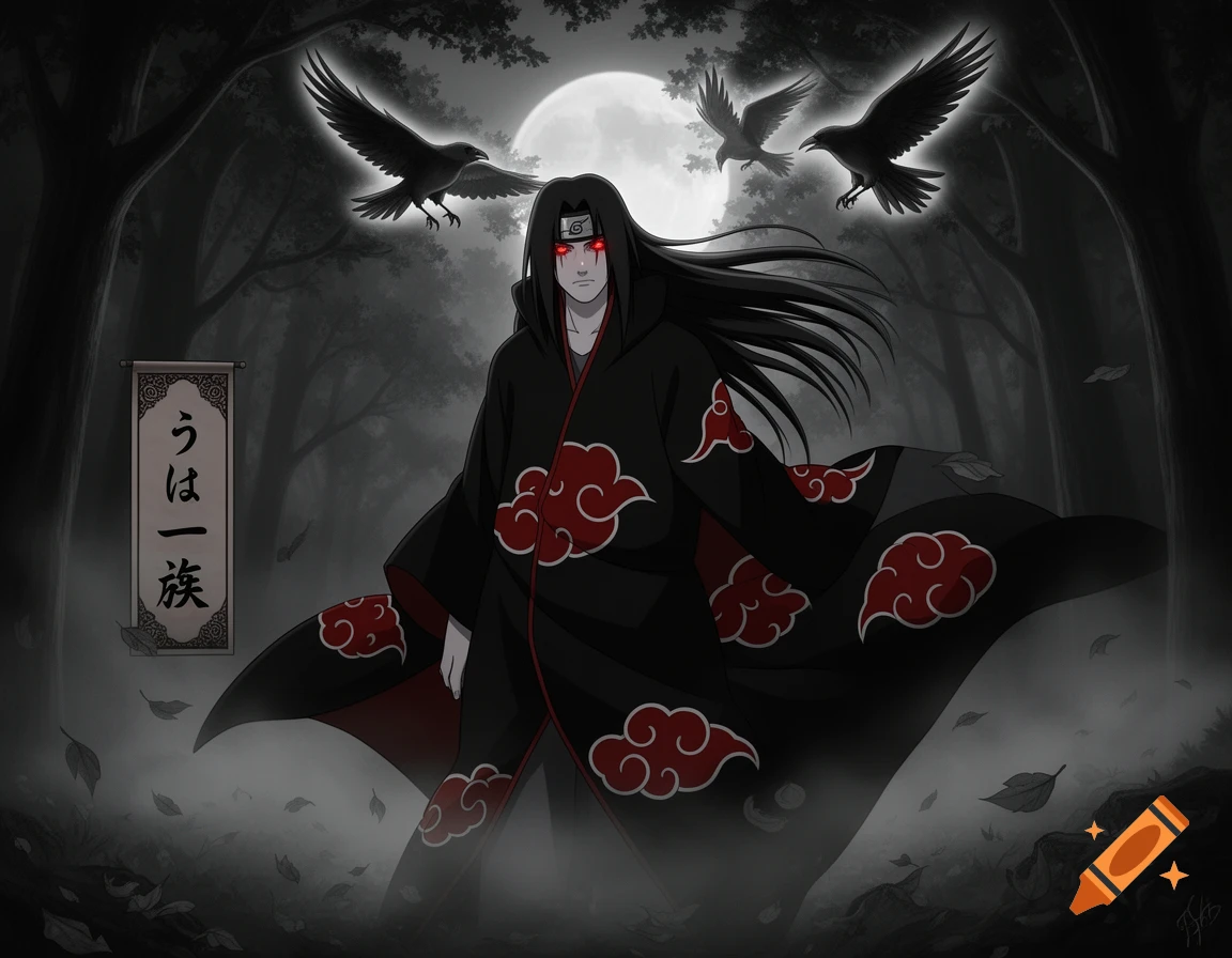 Itachi Uchiha with glowing red eyes and long black hair, wearing a black cloak with red clouds, stands in a dark forest with two crows and a full moon.