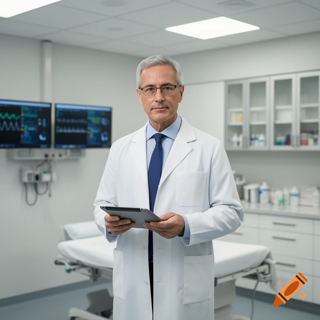 A distinguished male doctor in a white lab coat and blue tie holds a tablet in a modern medical examination room.