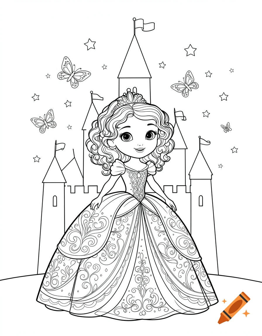Black and white coloring page of a cute curly-haired princess in a ball gown, standing in front of a castle with butterflies and stars.