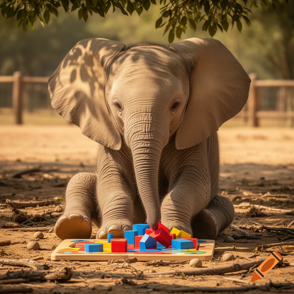 A baby elephant sits on the ground, playing with colorful building blocks under the shade of a tree. Photorealistic.