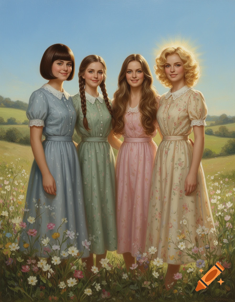 Four young women in vintage floral dresses stand in a sunlit wildflower field, painted in a realistic style.