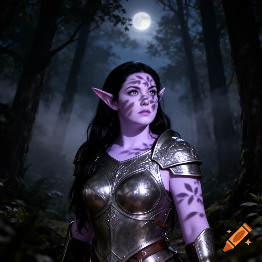 A female elf cleric with purple skin and silver armor stands in a dark ...