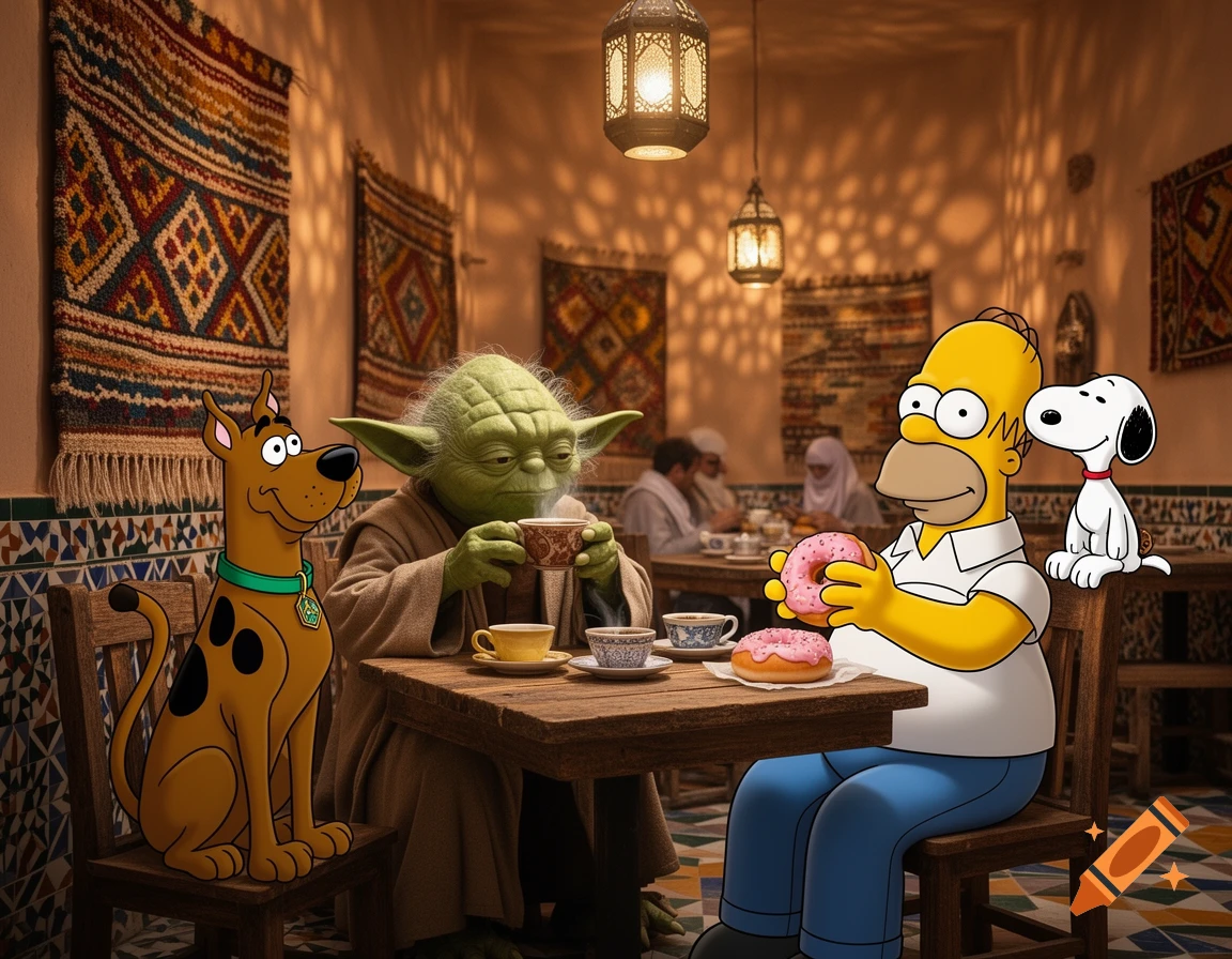 Scooby-Doo, Yoda, Homer Simpson with a donut, and Snoopy sitting at a table in a detailed Yemeni coffee shop.