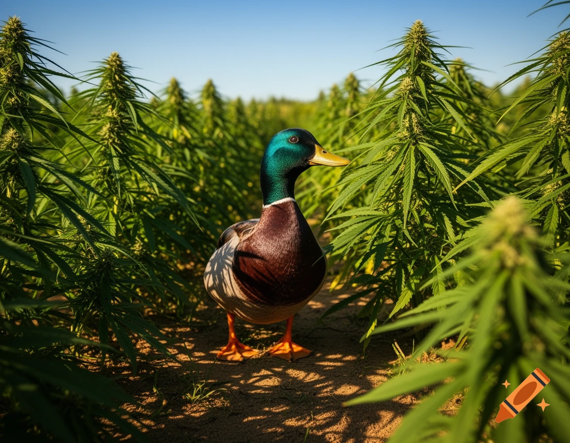 A photorealistic mallard duck stands in a lush green field of cannabis plants under a clear blue sky.