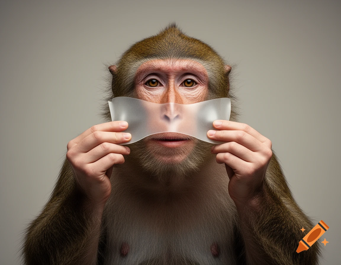 A photorealistic monkey holding a translucent human face mask over its nose and mouth.