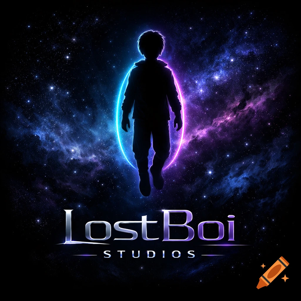 Silhouette of a person in a neon glow oval against a galaxy background with 'LostBoi STUDIOS' text.