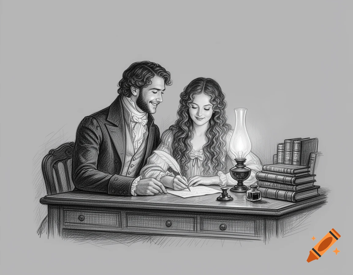 A black and white pencil sketch of a Regency-era couple, a man and a woman, writing at a desk with a quill, oil lamp, and books.