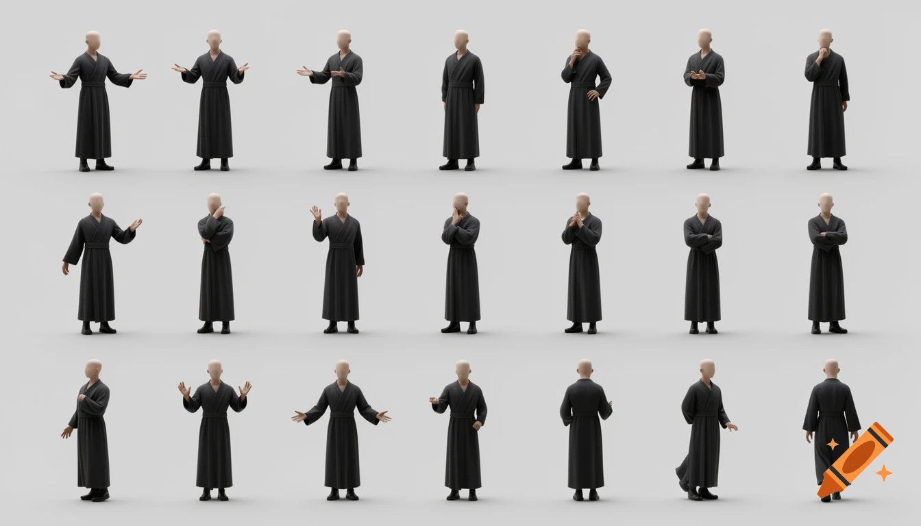A grid of 20 identical male humanoid figures in dark robes, shown in various poses in a semi-realistic 3D illustration style.