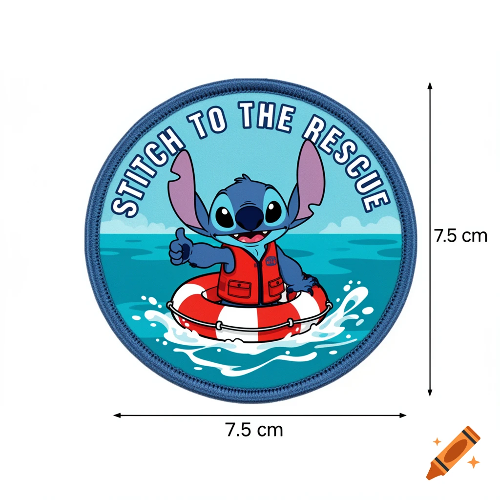 Round blue and white patch with Stitch as a lifeguard in the sea, giving a thumbs-up and text "STITCH TO THE RESCUE".