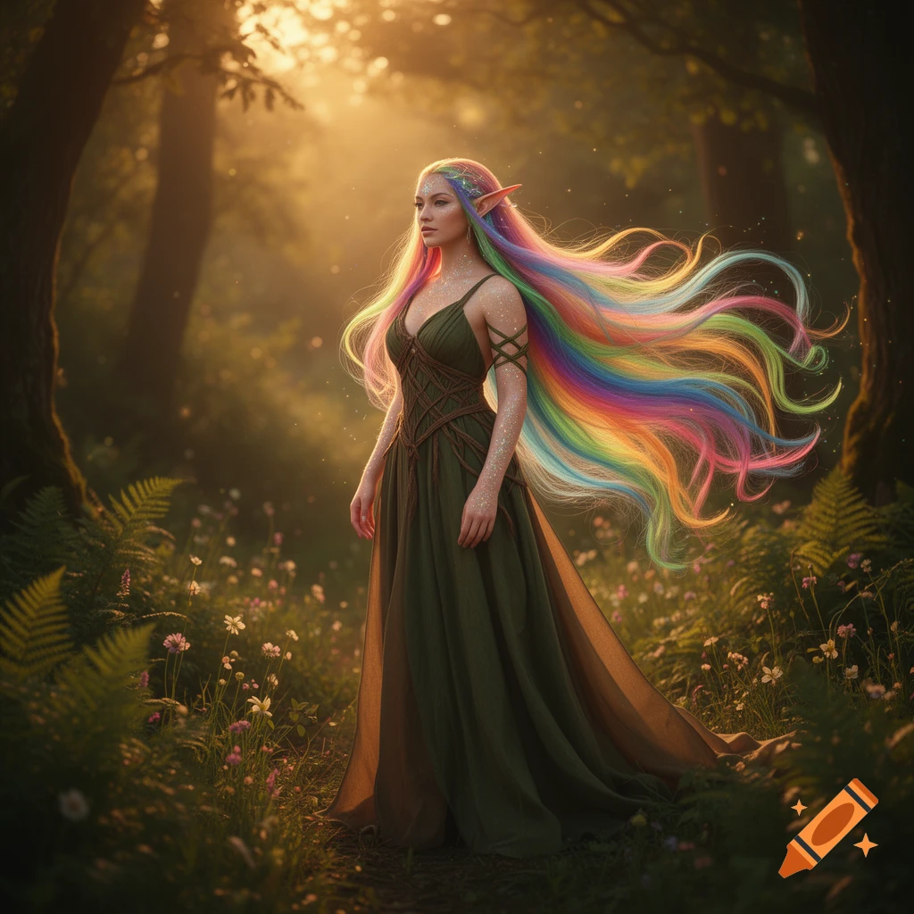A beautiful wood elf woman with flowing rainbow hair and sparkling skin stands in an enchanted forest, bathed in golden sunlight.