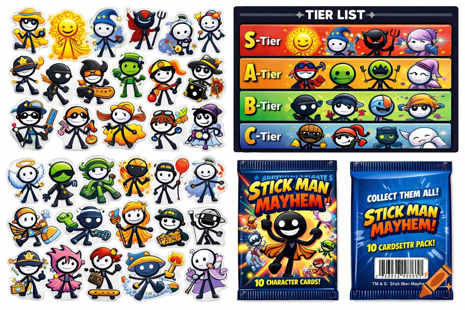 A collage of stick figure character stickers, a tier list ranking some characters, and front and back views of a 'Stick Man Mayhem' card packet.