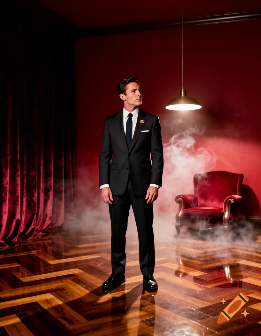A man in a dark suit stands in a red room with red velvet curtains and a chair, with smoke around his feet and a hanging lamp, looking right.