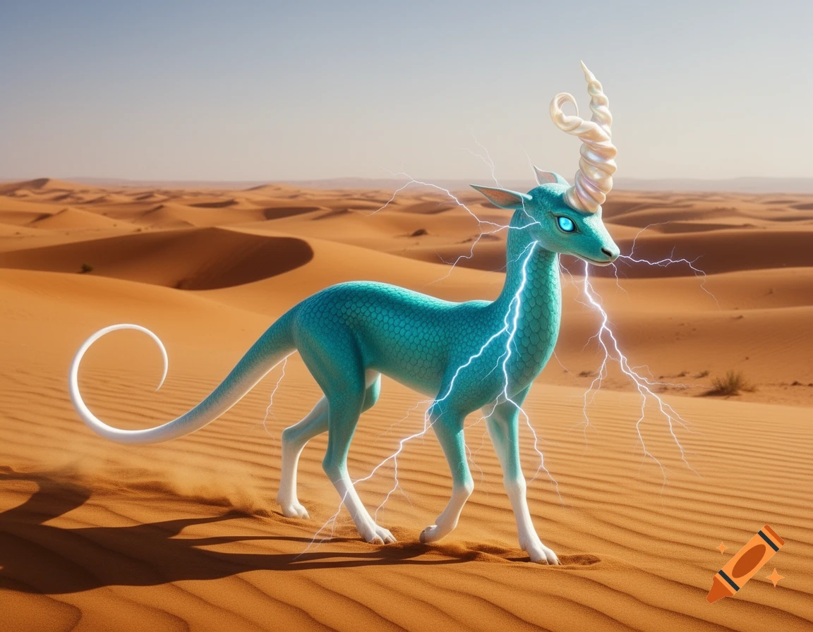 A turquoise scaled fantasy creature with a spiraling horn, white legs, and a curled tail stands in a vast sandy desert, emitting lightning.